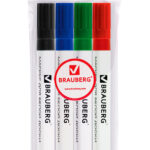 Маркеры для белой доски BRAUBERG, набор 4 цвета, 5 мм